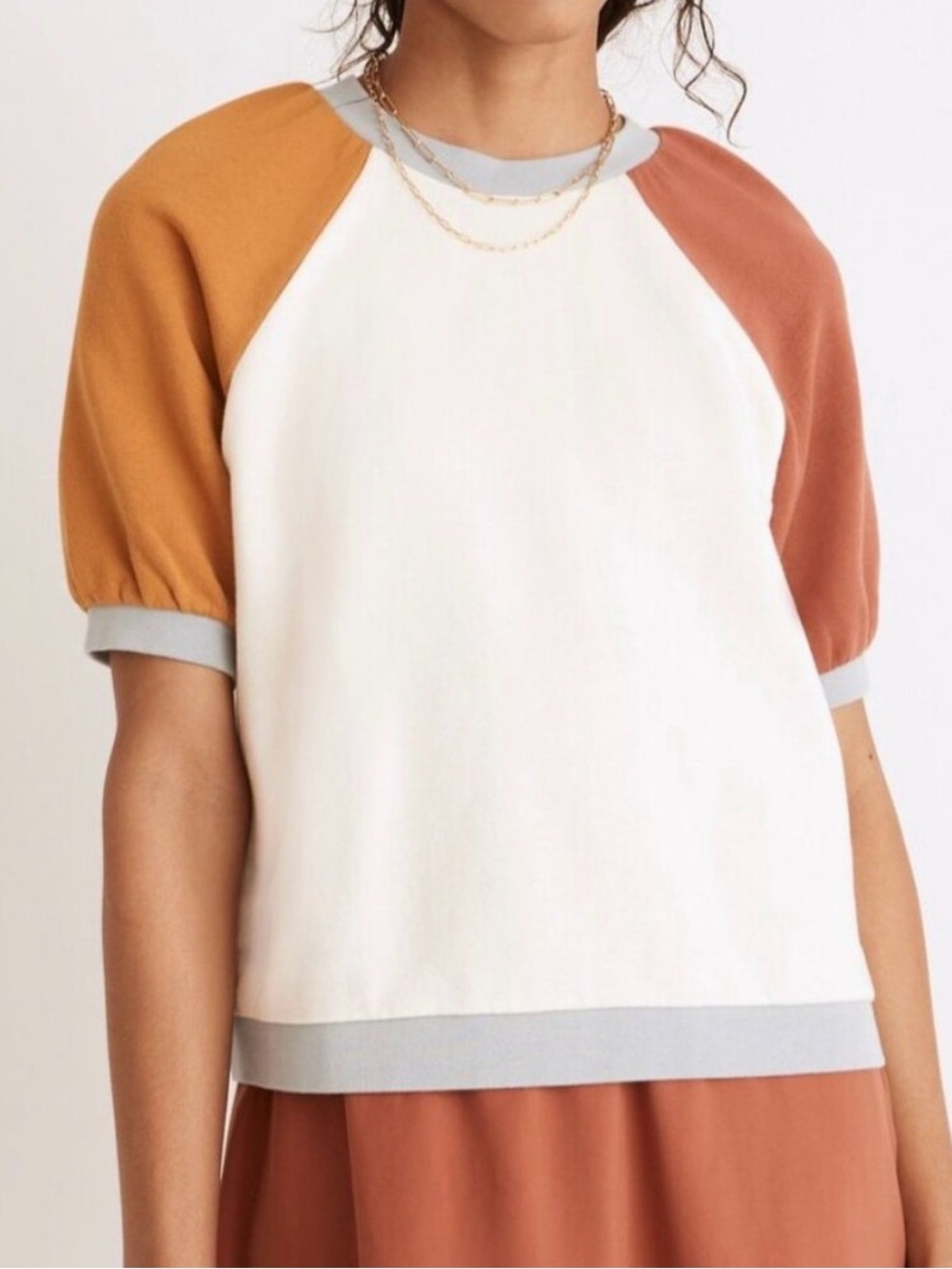 Madewell Ivory Colorblock Puff Sleeve Sweatshirt with Mustard & Rust Raglan